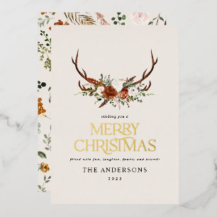 Black terracotta botanical elegant stag floral foil holiday card