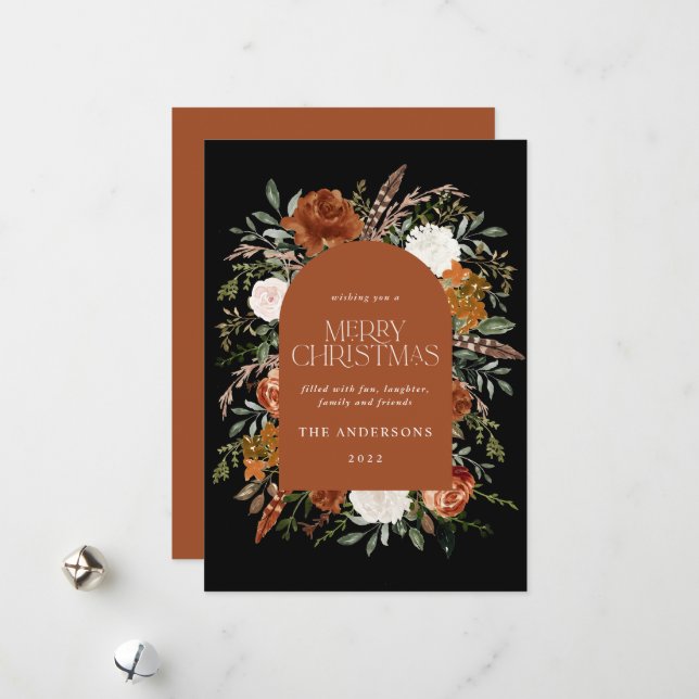 Black terracotta floral botanical elegant arch hol holiday card (Front/Back In Situ)