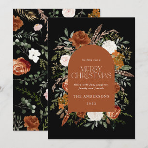 Black terracotta floral botanical elegant arch holiday card