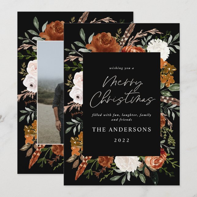 Black terracotta floral botanical elegant photo holiday card (Front/Back)