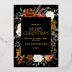 Black terracotta floral botanical elegant script h foil holiday card