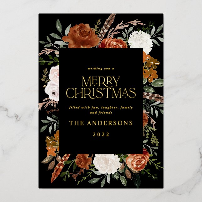 Black terracotta floral botanical elegant script h foil holiday card (Front)