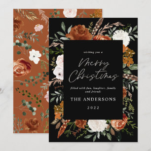 Black terracotta floral botanical elegant script h holiday card