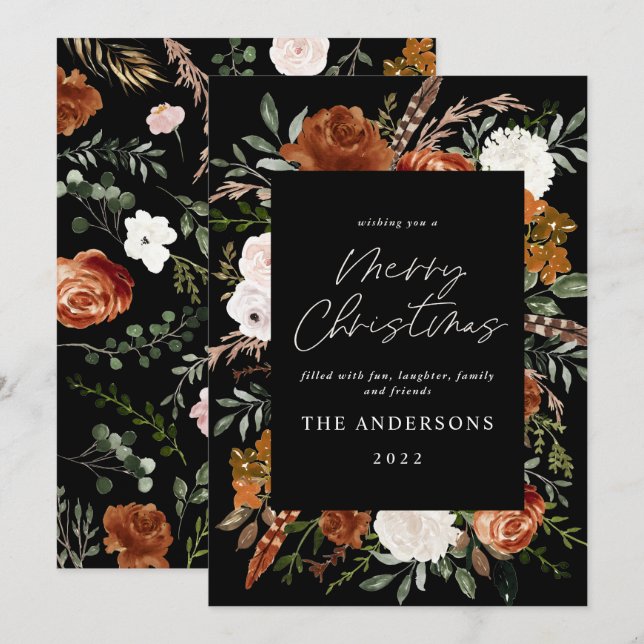 Black terracotta floral botanical elegant script holiday card (Front/Back)