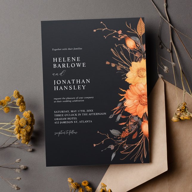 Black Terracotta Floral Moody Elegant Fall Wedding Invitation (Black Orange Elegant Fall Floral Wedding Invitation)