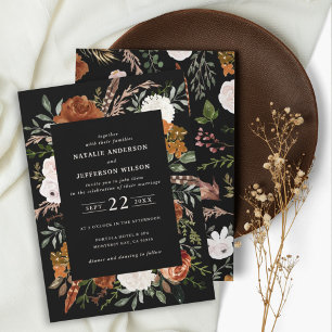 Black terracotta floral rustic elegant modern invitation