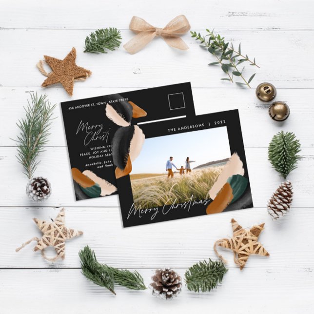Black terracotta modern minimal watercolor photo holiday postcard (Creator Uploaded)