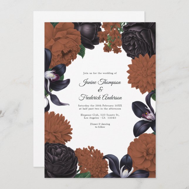 Black & Terracotta Photo/QR Code Floral Wedding Invitation (Front/Back)