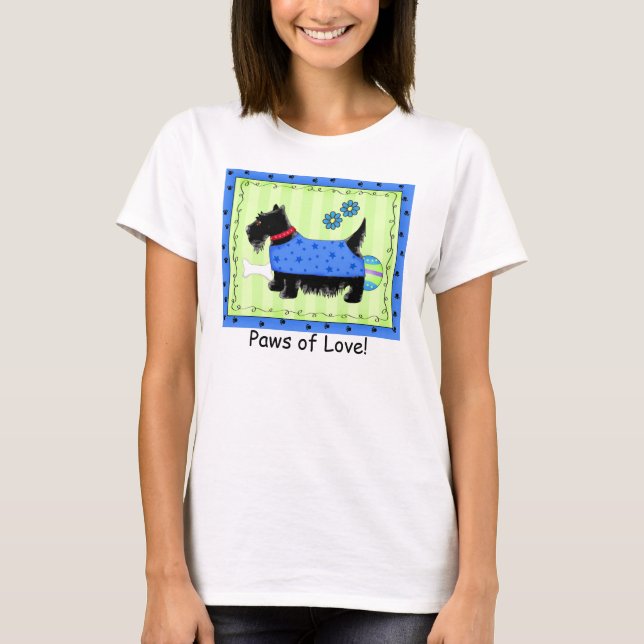 Black Terrier Dog Green Blue Scottie Love Paw T-Shirt (Front)
