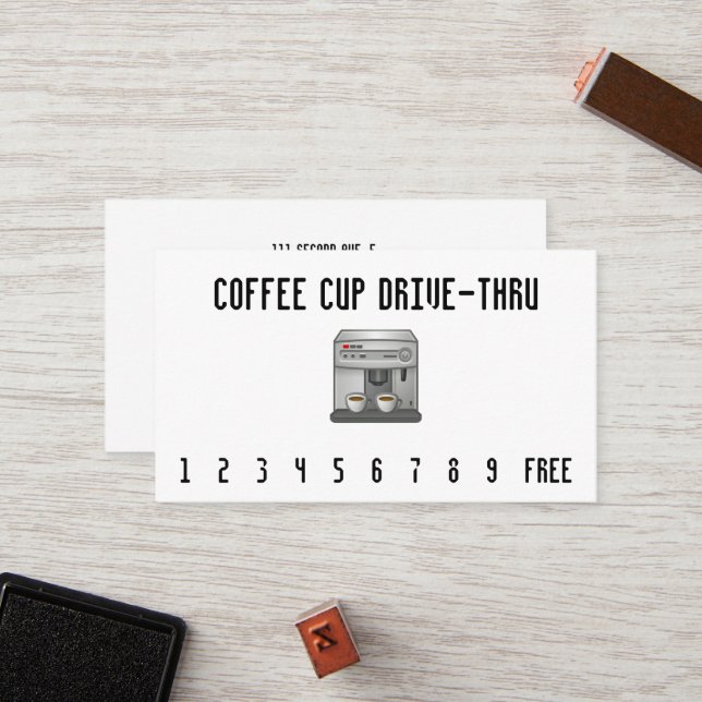 Black Text Espresso Machine Drive-Thru Punchcard Loyalty Card (Front/Back In Situ)