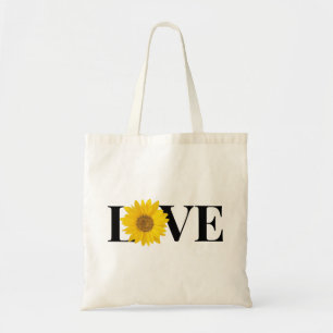 Black Text "Love" with Yellow Sunflower Tote Bag