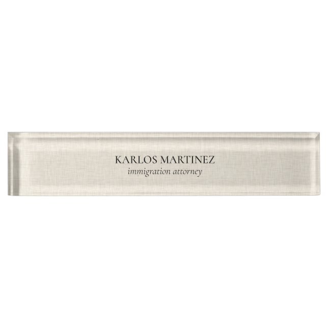 Black Text On Beige Linen Immigration Attorney Nameplate (Front)