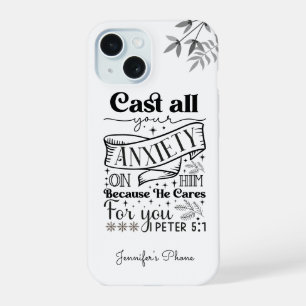 Black Text Typography, 1 Peter 5:7 Scripture iPhone 15 Case