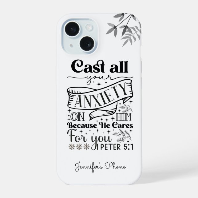Black Text Typography, 1 Peter 5:7 Scripture iPhone 15 Case (Back)