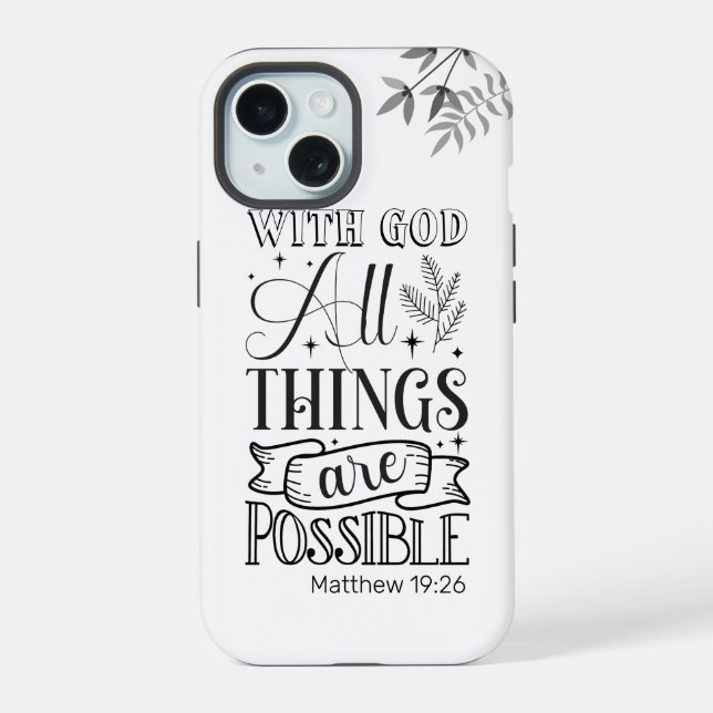 Black Text Typography, Matthew 19:26 Scripture iPhone 15 Case (Back)