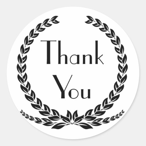 Image of Black Thank You Laurel Leaf Wreath Wedding Party Classic Round Sticker