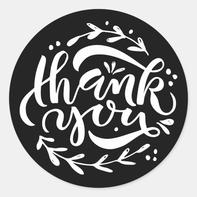 Black Thank You Modern Calligraphy Wreath Classic Round Sticker (Front)