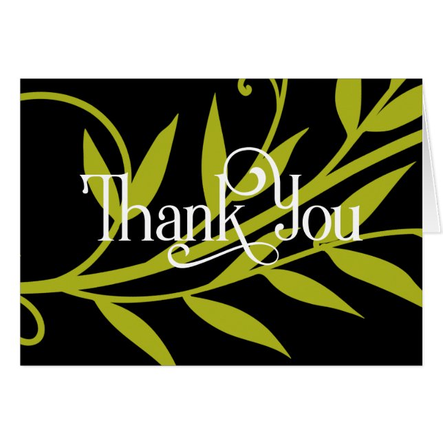 Black Thank You Note with Bright Green Leaf Design (Front Horizontal)