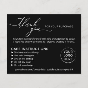 Black Thank you Washing Care Instructions Advice Flyer
