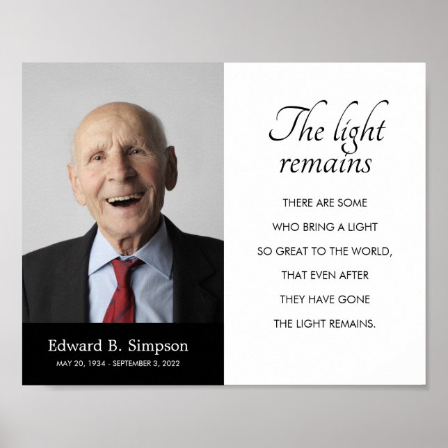 Black The Light Remains Funeral Memorial Photo Poster (Front)