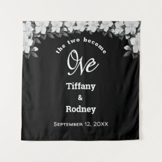 Black, The Two Become One Floral Wedding Tapestry