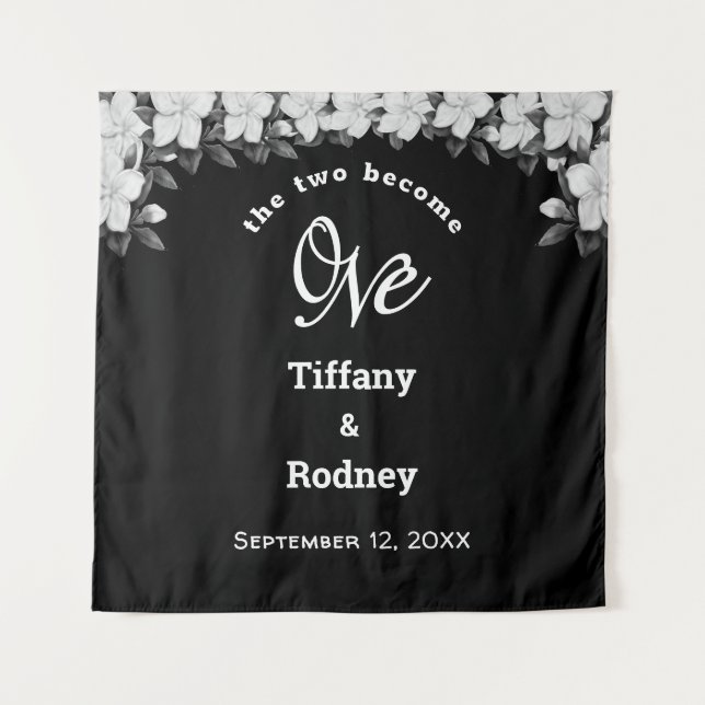 Black, The Two Become One Floral Wedding Tapestry (Front)
