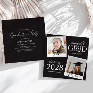 Black Then And Now   2 Photo Graduation Invitation