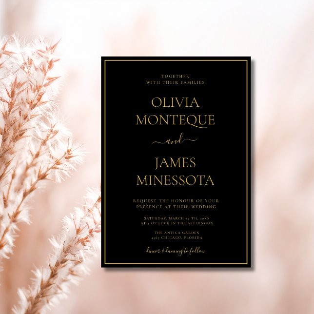 Black Thin Gold Frame Guiet Luxury Formal Wedding Invitation (Creator Uploaded)