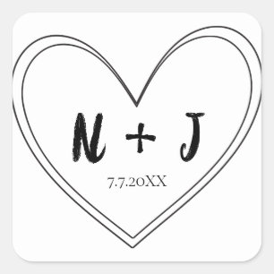 Black Thin Heart Personalised Wedding Square Sticker