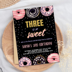 Black Three is Sweet Doughnut Birthday Invitations