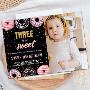 Black Three is Sweet Photo Doughnut Birthday Invitation