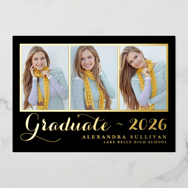 Black Three Photo Collage Graduation Gold (Front)