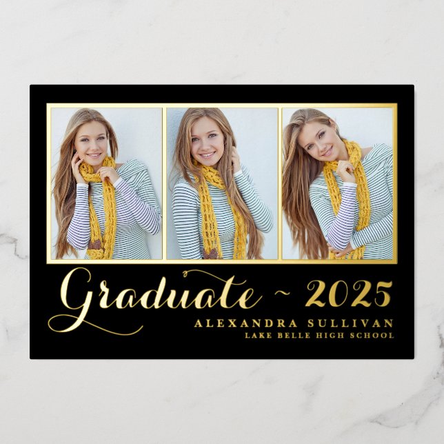 Black Three Photo Collage Graduation Gold (Front)