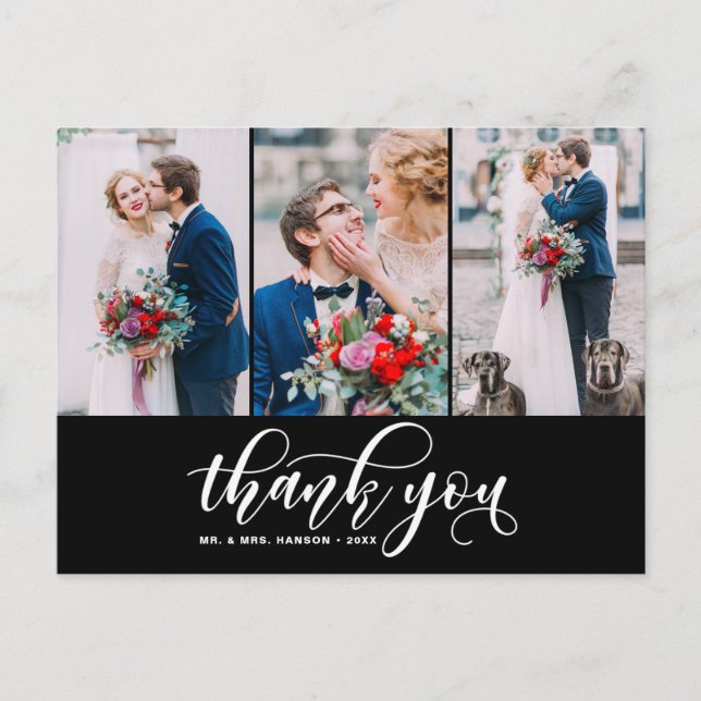 Black Three Photo Collage Thank You Script Wedding Postcard (Front)