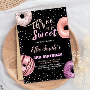 Black Three Sweet Pink Doughnut Birthday Invitatio Invitation