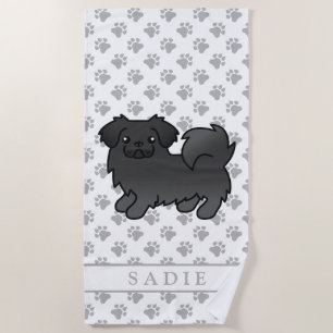 Black Tibetan Spaniel Cute Cartoon Dog & Name Beach Towel