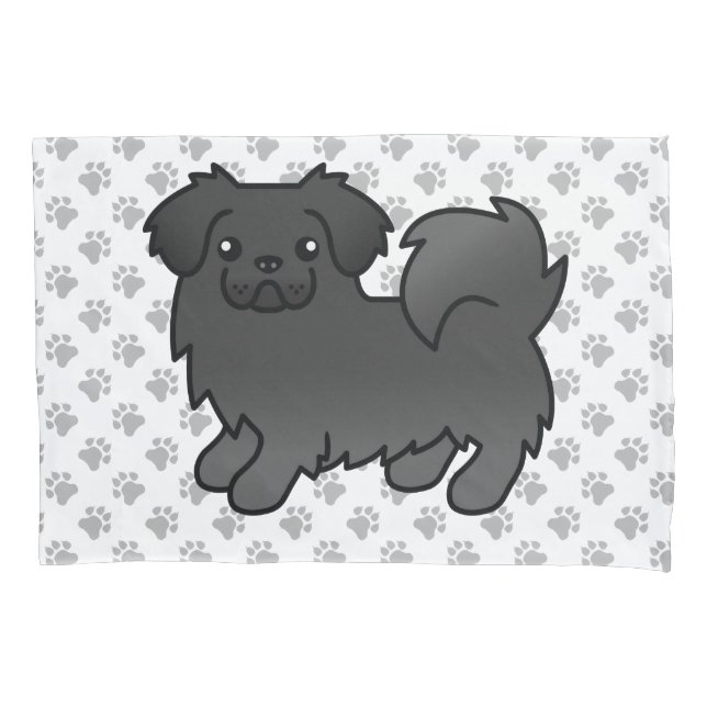 Black Tibetan Spaniel Cute Cartoon Dog & Paws Pillowcase (Front)