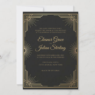 Black Tie Art Deco Geometric Gold Glamour Wedding Invitation