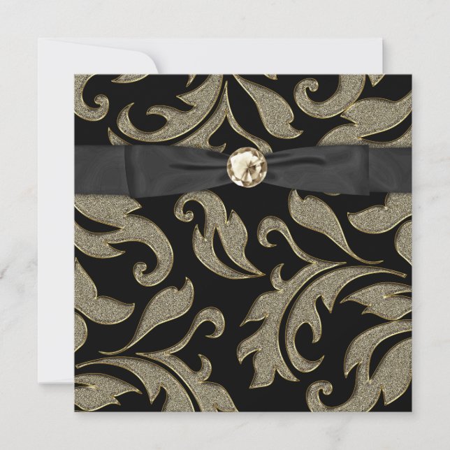 Black Tie Black Gold Damask Party Invitation (Front)