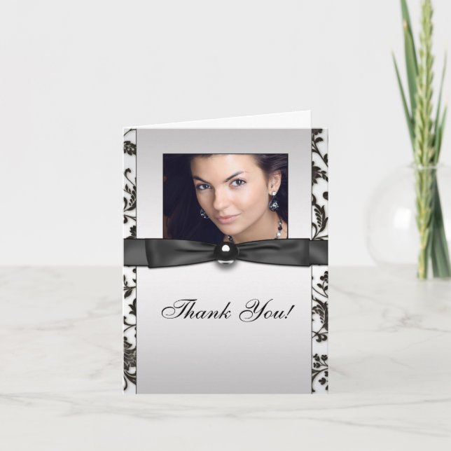 Black Tie Damask Photo Thank You Cards (Front)