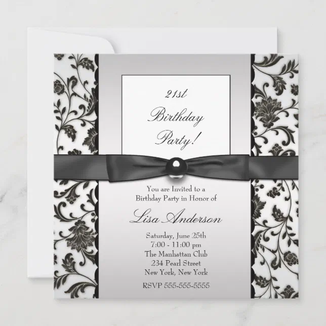 Black Tie Damask Womans 21st Birthday Party Invitation | Zazzle