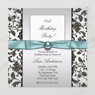 Black Tie Damask Womans Birthday Party Invitation