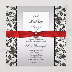 Black Tie Damask Womans Birthday Party Invitation