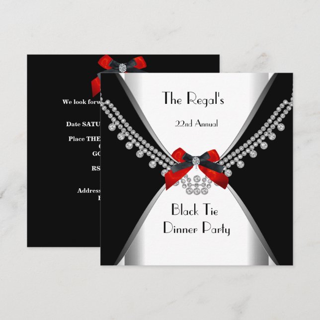 Black Tie Dinner White Red Bow Party 3 Invitation (Front/Back)