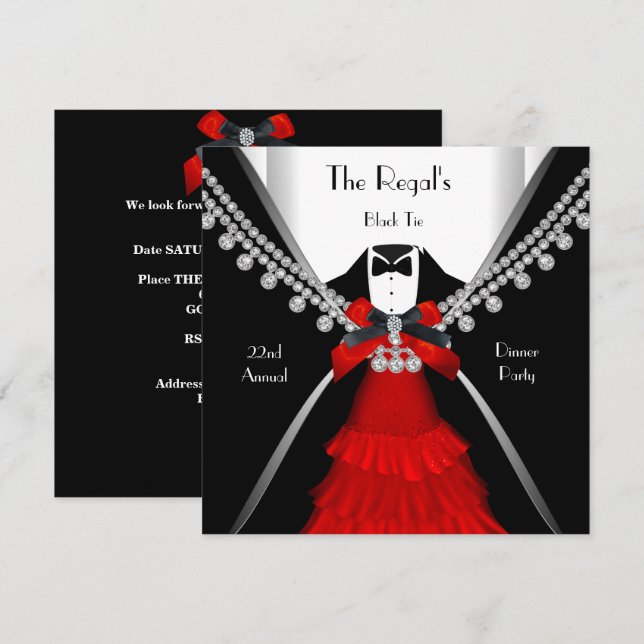 Black Tie Dinner White Red Bow Party Invitation (Front/Back)