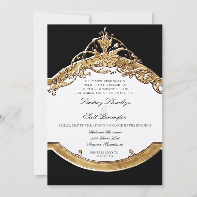 Black Tie Elegance 2, Golden Rehearsal Dinner Invitation (Front)