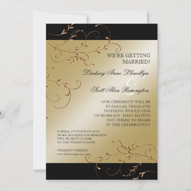 Black Tie Elegance, Golden Save the Date Invites (Front)