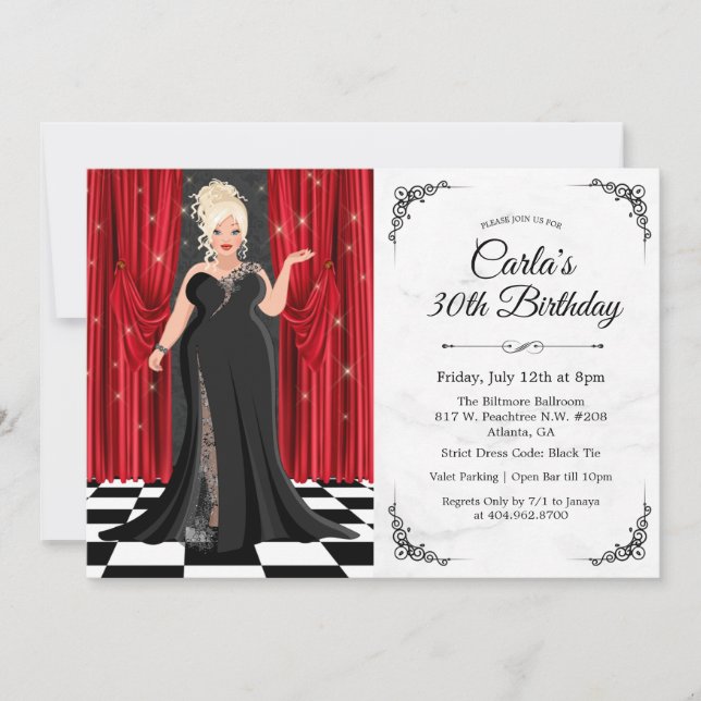 Black Tie Elegant Gown Birthday Invitation (Front)