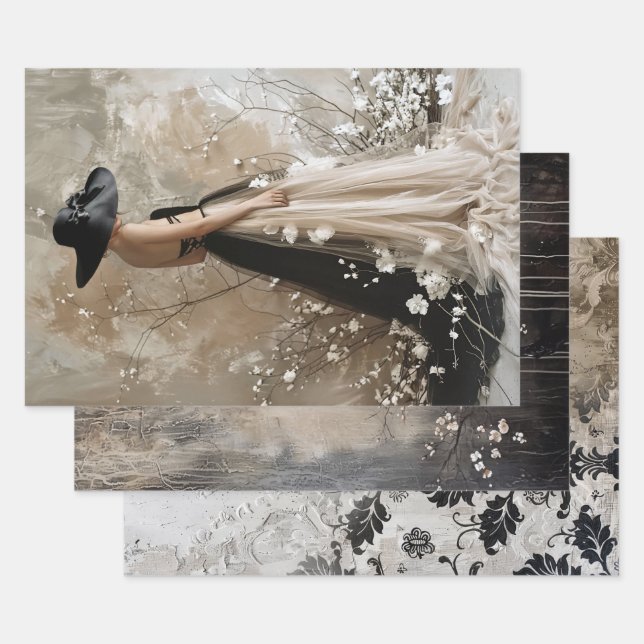 Black Tie Elegant Moody Heavy Weight Decoupage Wrapping Paper Sheet (Set)