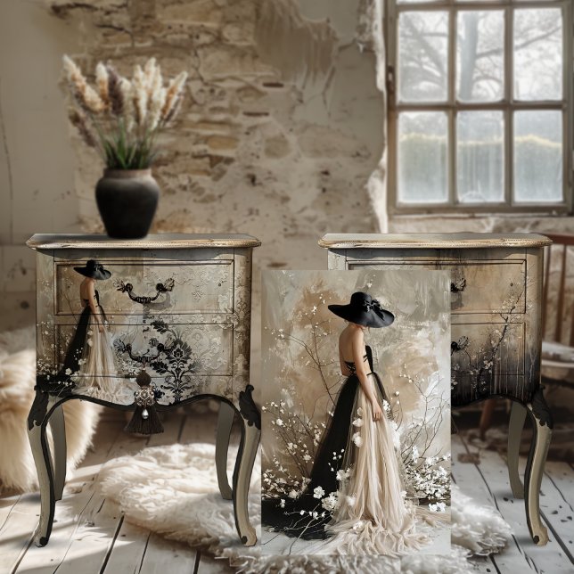 Black Tie, Elegant Woman Portrait & Floral Tissue Paper (Black Tie, Elegant, Rustic, Floral Blossoms Portrait Art, Decoupage Tissue Paper.)